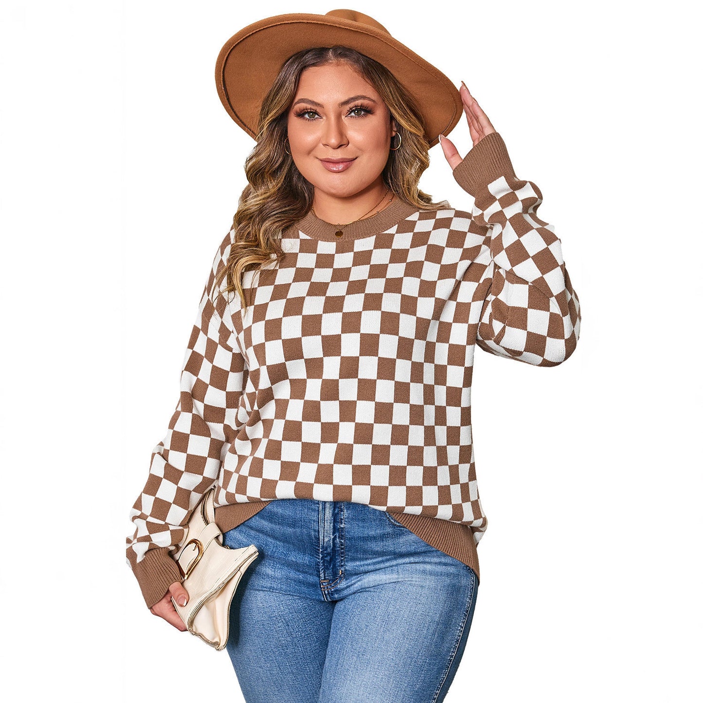 Women's Large Size Plaid Contrast Color Sweater
