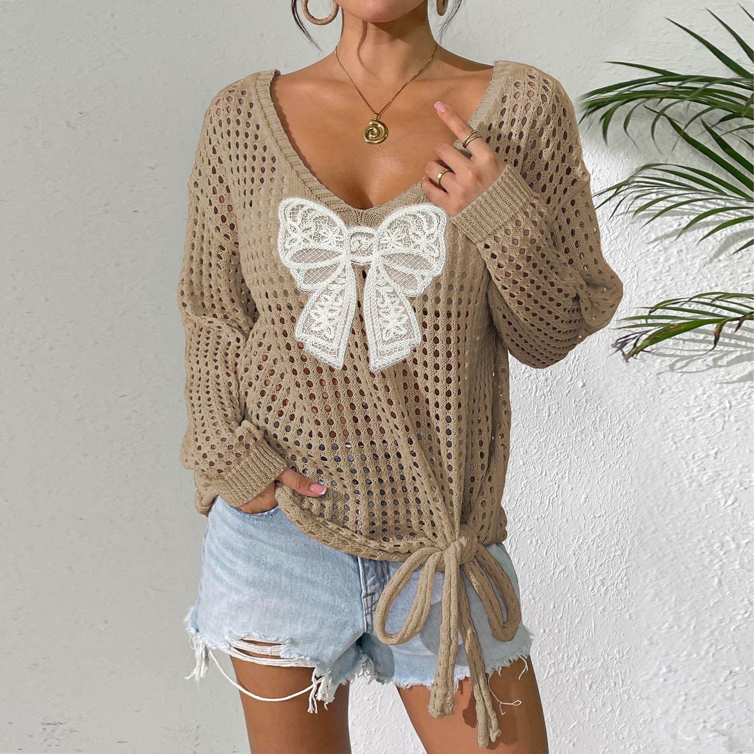 Pullover Strap Butterfly Stitching Idle Style Loose Long Sleeve Top