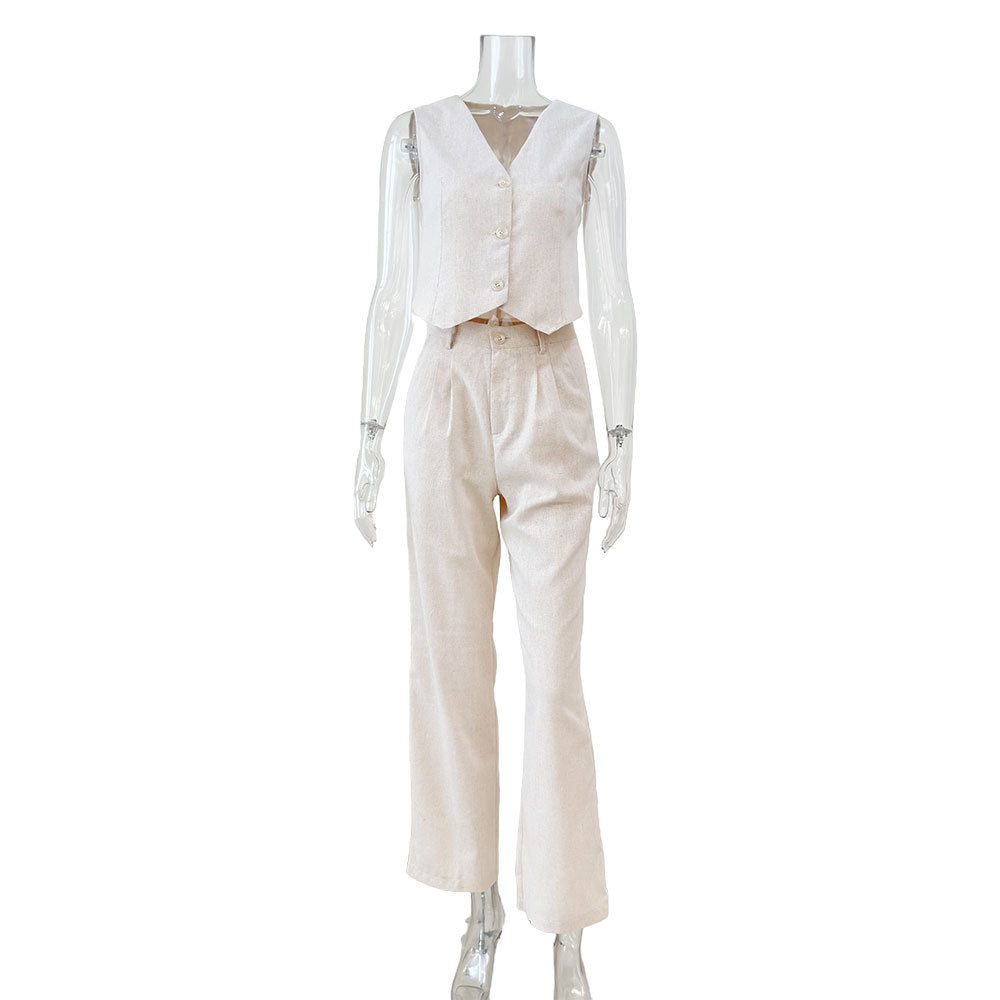 Solid Color Vest High Waist Trousers Two-piece Set