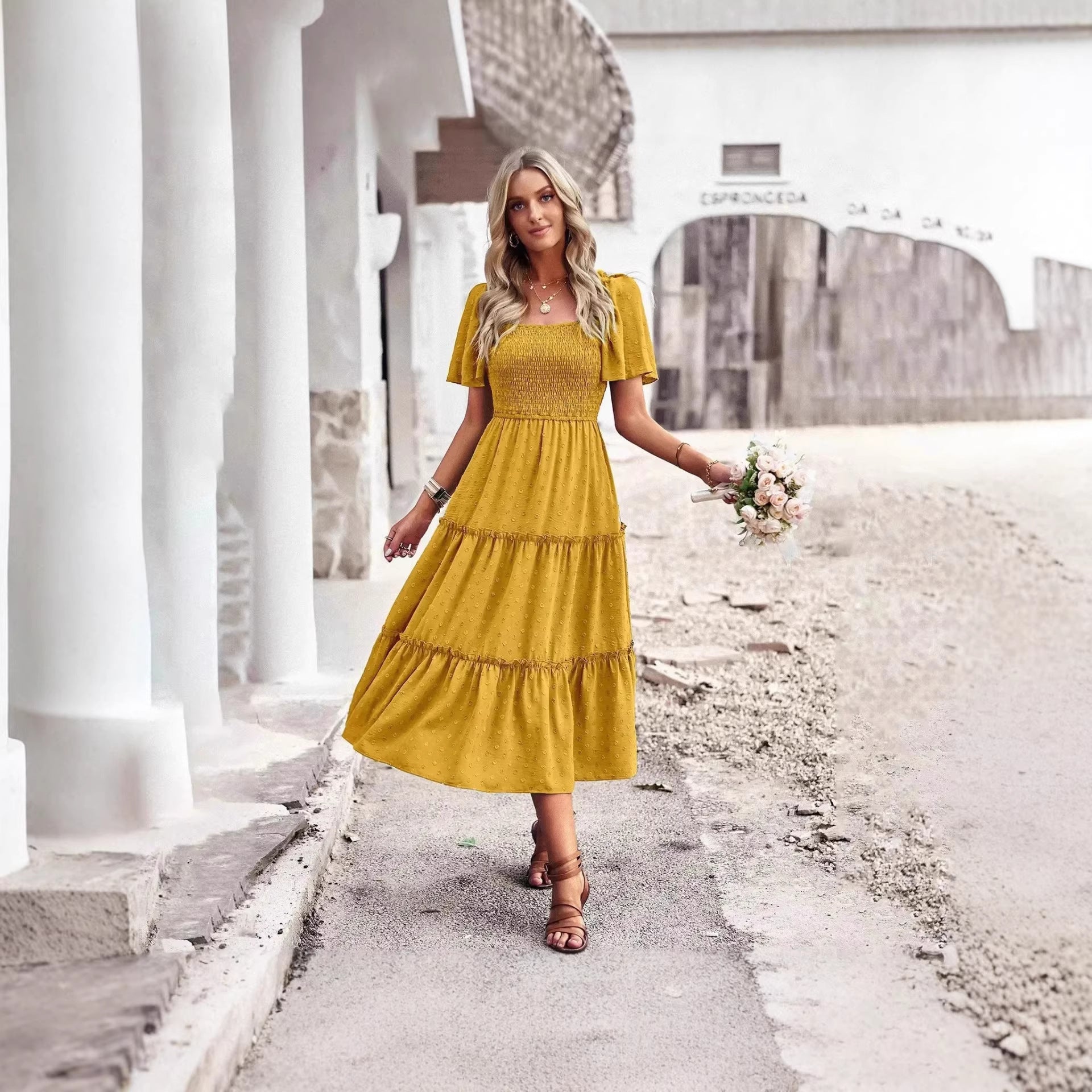 Square Collar Backless Puff Sleeve Pleated Short Sleeves Dress