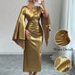 American-style Gold Foil Round Neck Slim-fit Long Dress