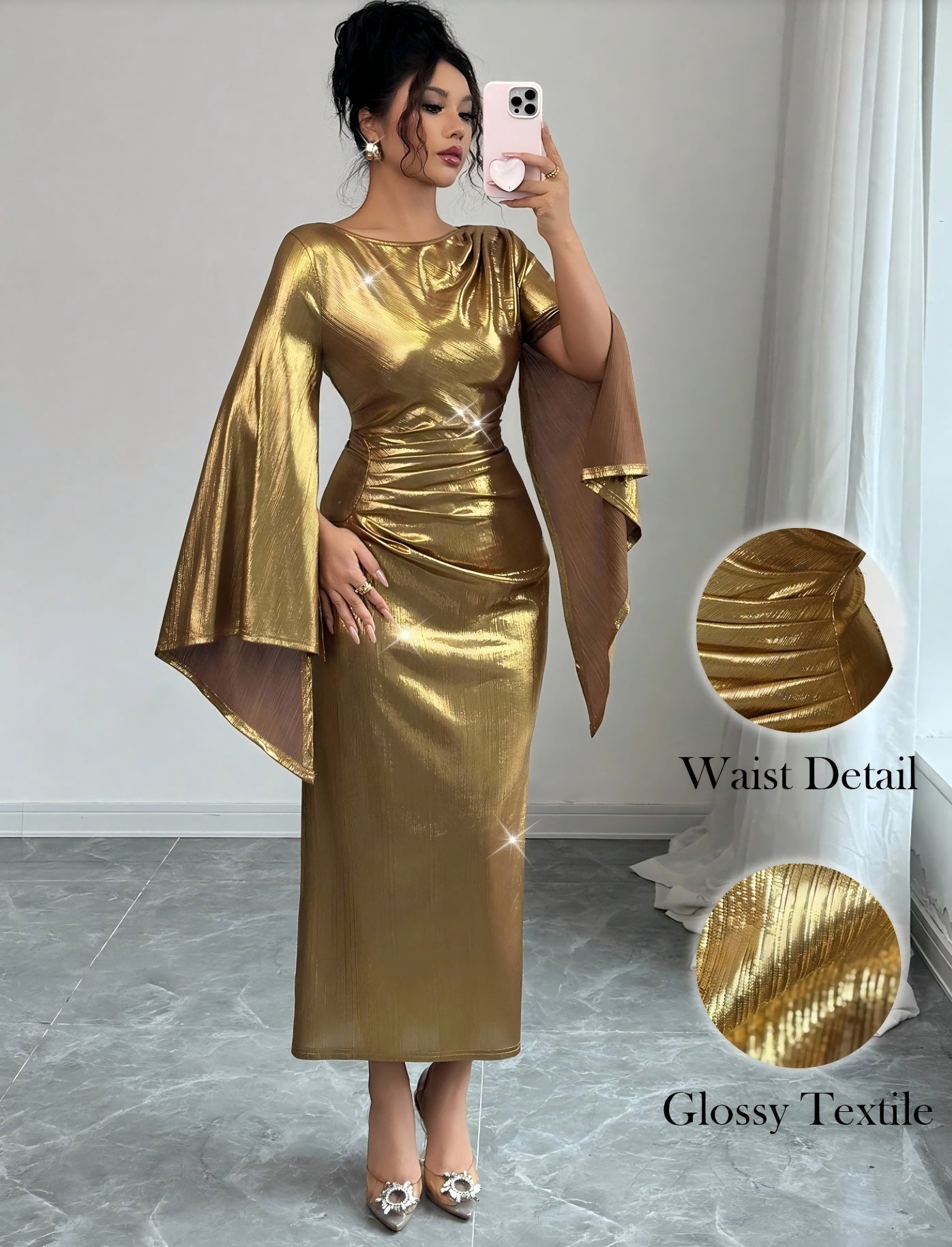 American-style Gold Foil Round Neck Slim-fit Long Dress