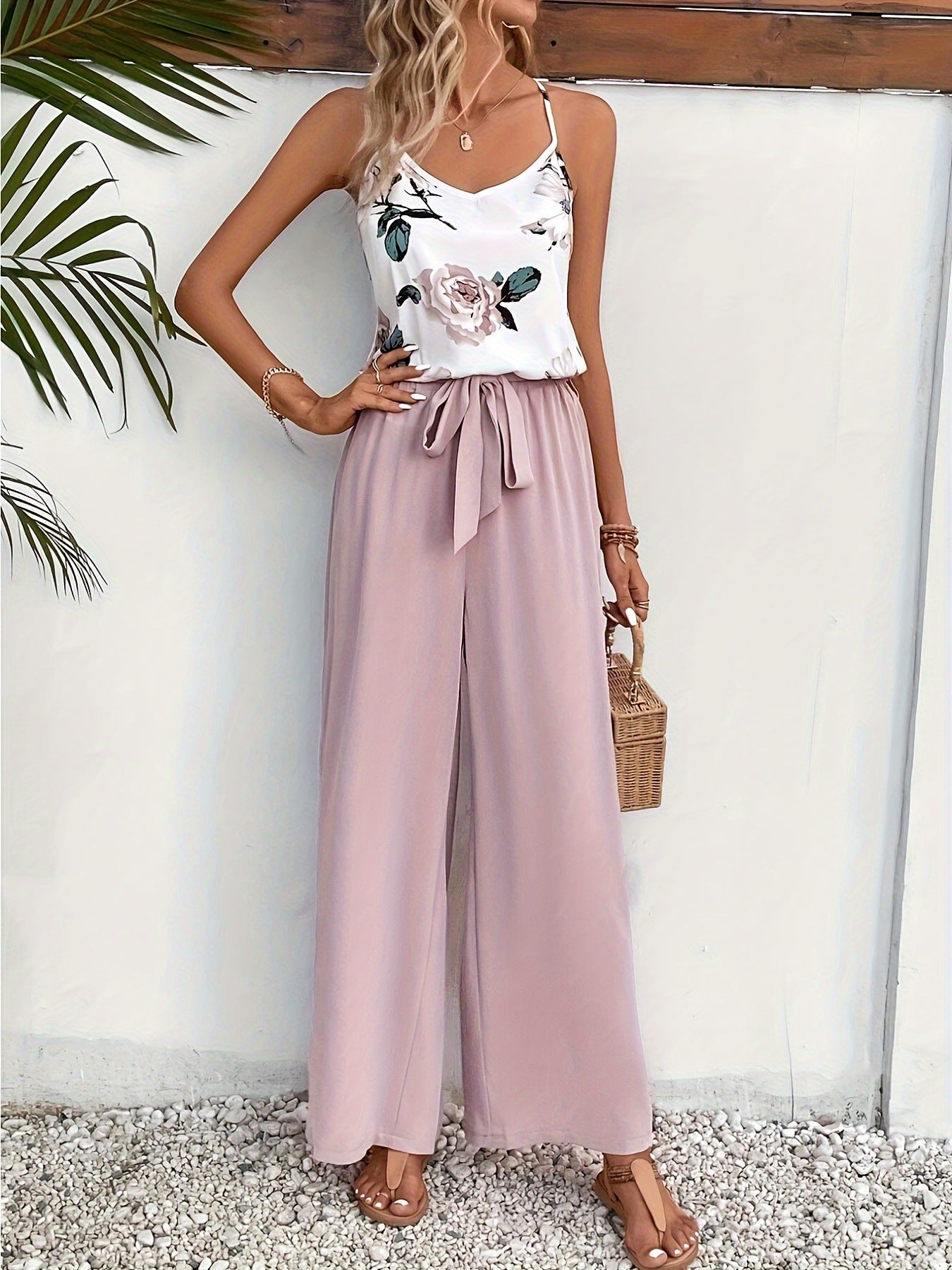 Temperament Casual French Floral Print Strap Set