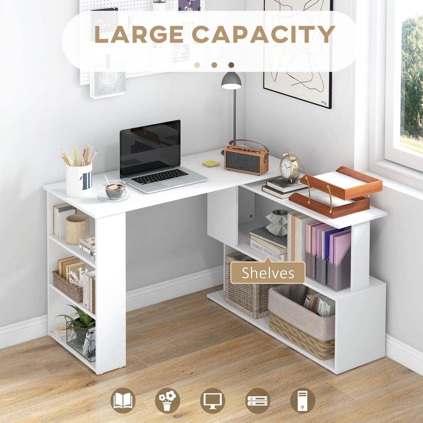 360  Rotating Home Office Desk L Shaped Corner Computer Desk With Storage Shelves, Writing Table Workstation, White