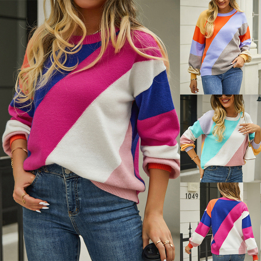 Pull à col rond à rayures simples et tendance pour femme