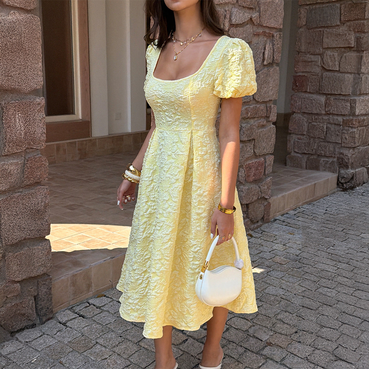 Elegant High-waisted A-line Dress With Puff Sleeves That Create A Slimming Elongating Look
