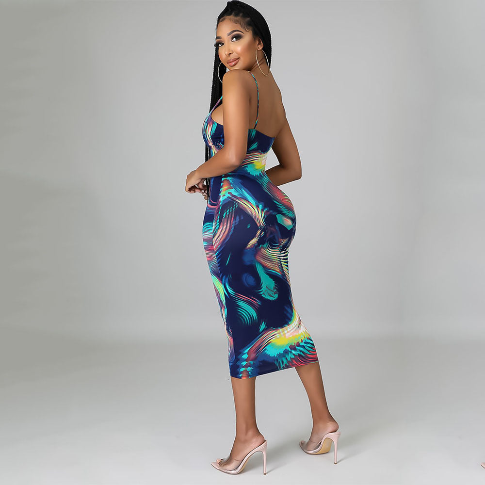 Fashion Digital Print Suspender Dress