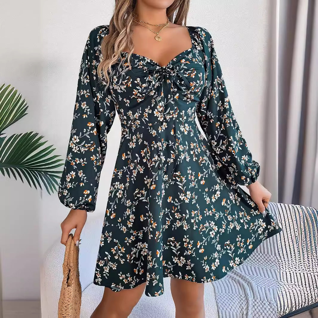 Robe à imprimé floral à manches lanternes, décontractée et sexy, col carré, manches longues, coupe trapèze, vêtements pour femmes