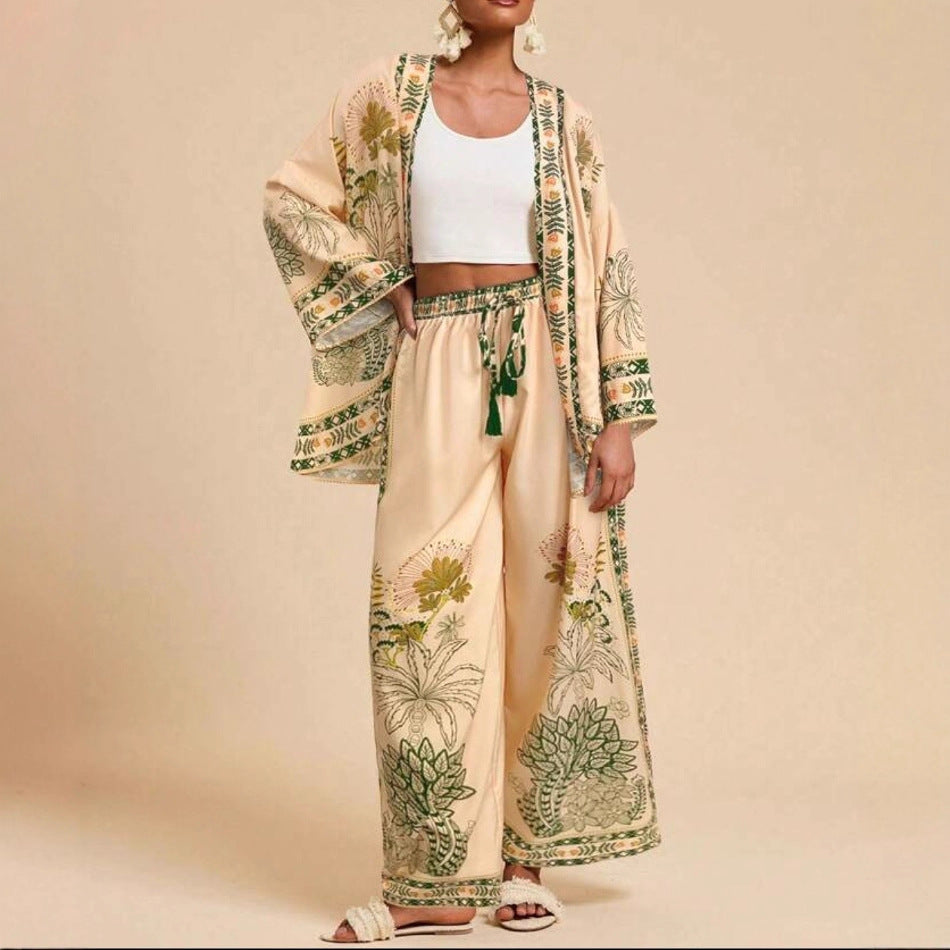Fashion Vacation Style Printed Cardigan Long Sleeve Wide Leg Pants Two-piece Set