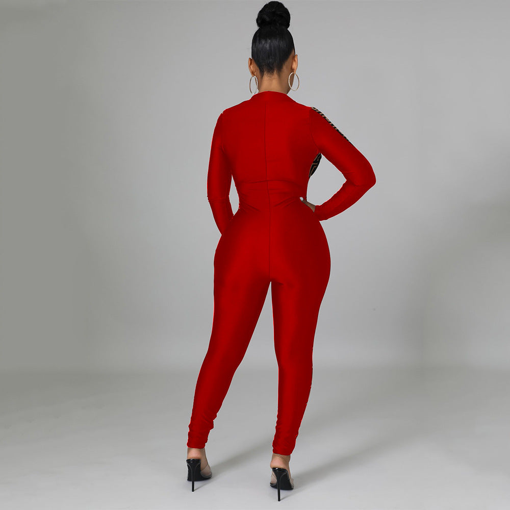Mesh Print Stitching Long-Sleeved Jumpsuit