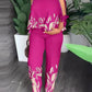 Round Neck Raglan Half Sleeve Beaded Positioning Printed Trousers Suit
