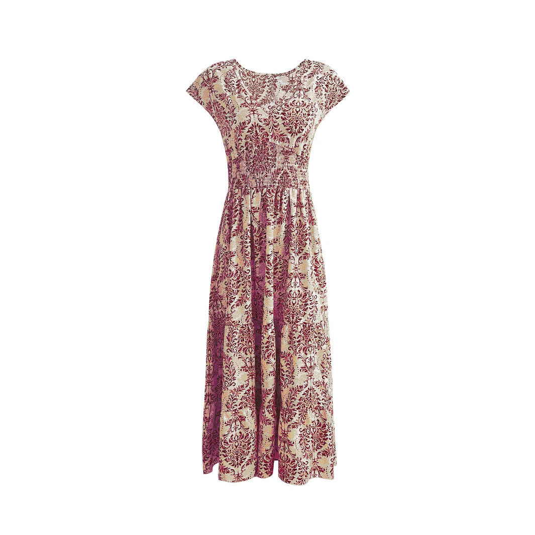 Stylish And Elegant V-neck Short-sleeve Vintage-print Dress