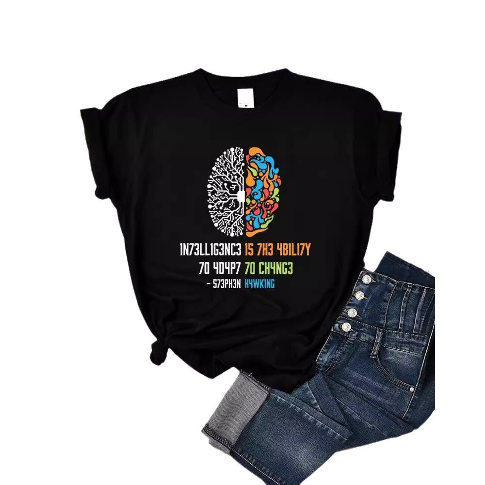 Round Neck Printed T-shirt Top Women's Breathable Short Sleeve