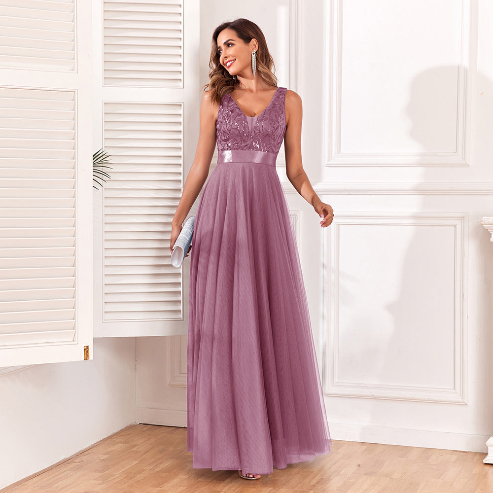 Robe de soirée patchwork extensible sans manches à double col en V