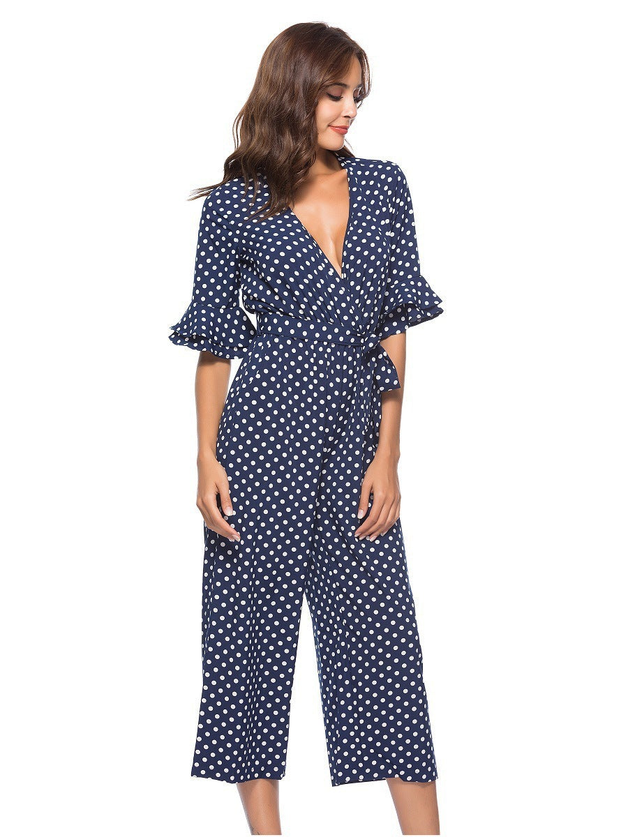 Half sleeve V-neck polka dot print jumpsuit