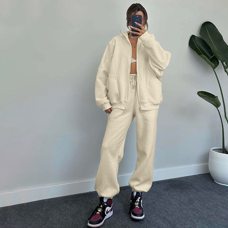 Ensemble de sport avec poches, col montant, cardigan zippé et pantalon à cordon de serrage, tenues de jogging tendance, survêtements, vêtements pour femmes