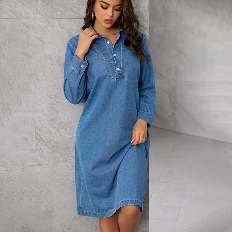 Loose-fit Denim Dress With Long Sleeves For Fallwinter
