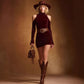 Burgundy Velvet High-neck Off-shoulder Dress