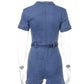 Fashion street beat deep V zipper belt pocket slim denim jumpsuit