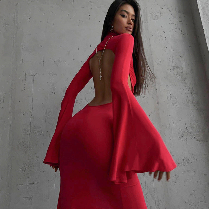 Bell Sleeve Backless Slit Slim Fit Dress