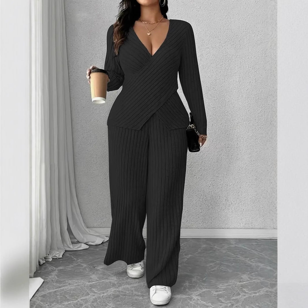 Womens Knitted V-Neck Jumpsuit With Wide-Leg Pants