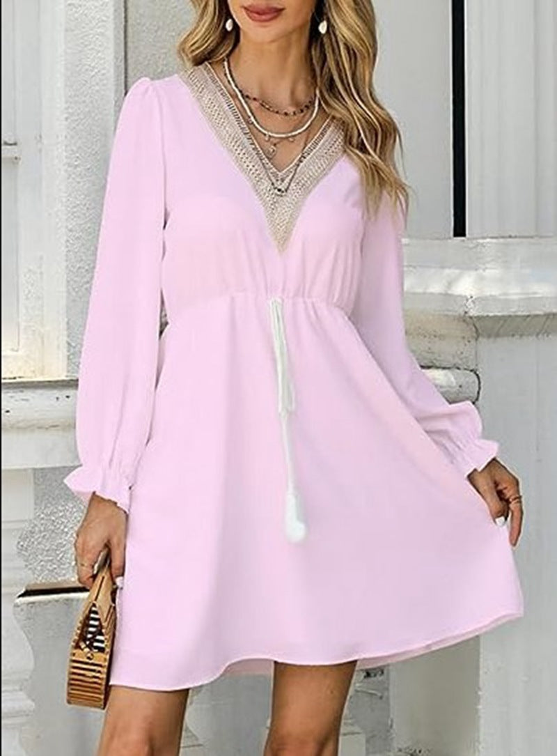 Solid Color Long Sleeve Lace V-neck Tight Waist Dress