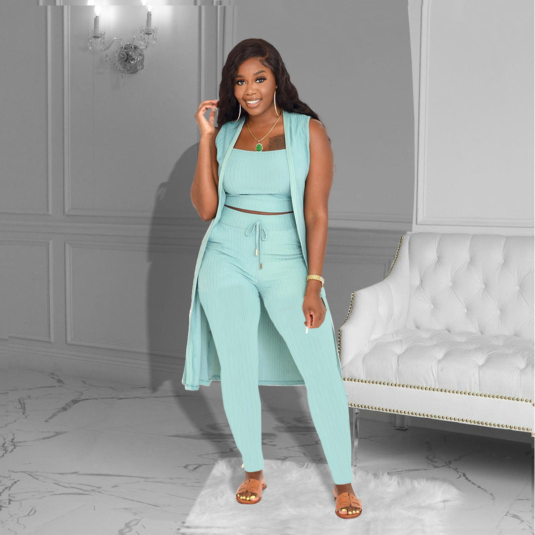 Ensemble trois pièces décontracté à rayures et pantalon uni pour femme