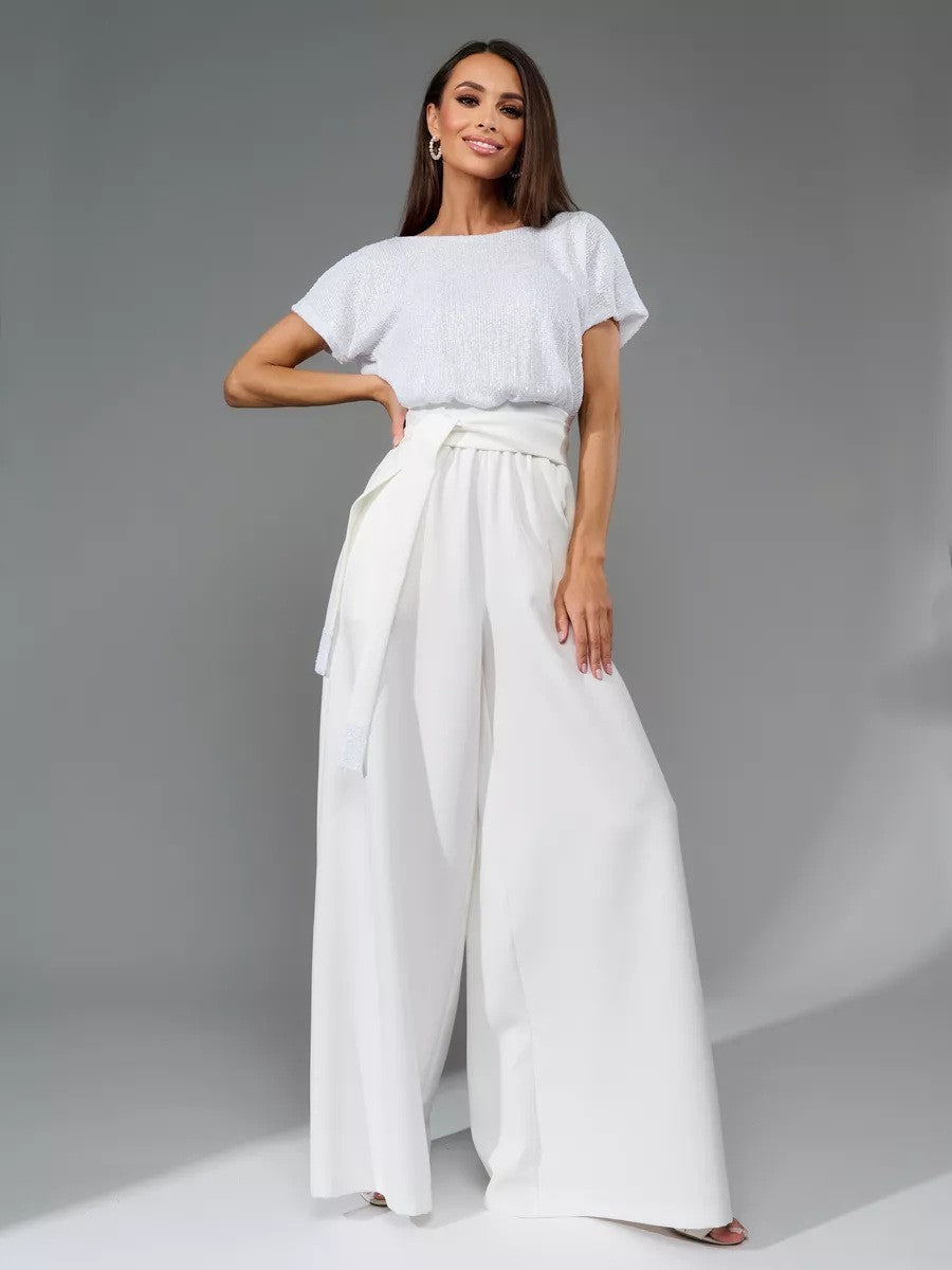 European And American One-piece Sequin Fashion Short Sleeve Casual Jumpsuit Trousers
