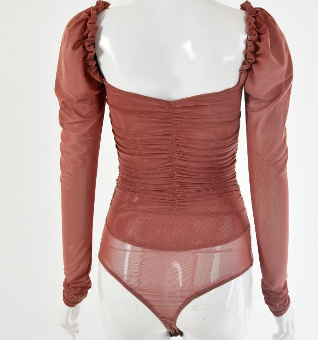 Long-sleeved U-neck mesh bottoming top jumpsuit