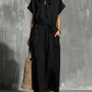V-neck Lace-up Short-sleeve Solid-color Loose Casual Dress