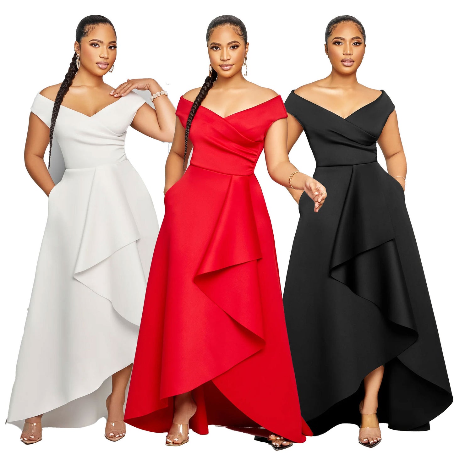 Robe trapèze ample sans manches à épaules dénudées et coupe ajustée de couleur unie