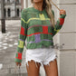Round Neck Color Blocked Loose Fitting Pullover Long Sleeved Sweater