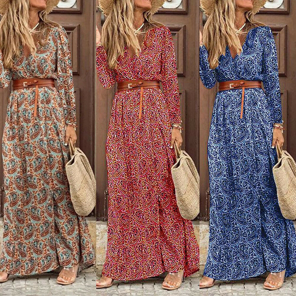 Robe fleurie bohème à manches longues et col en V