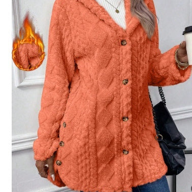 Cardigan à capuche boutonné, veste longue d'hiver, manteau à manches longues de couleur unie