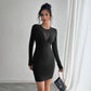 Pure Color Mesh Stitching Chest Design Long Sleeve Slim Fit Dress