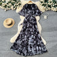 Strap-tied Waist V-Neck Irregular Print Chiffon Maxi Dress