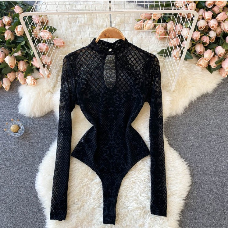 Women's All-in-one See-through Long-sleeved Slim Bottoming Top