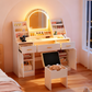47.2 Makeup Vanity With Mirror And Light, Vanity Desk With Cushioned Storage Stool, Dressing Table With Two Organizers,3 Drawers And 2 Cabinets For Bedroom, White