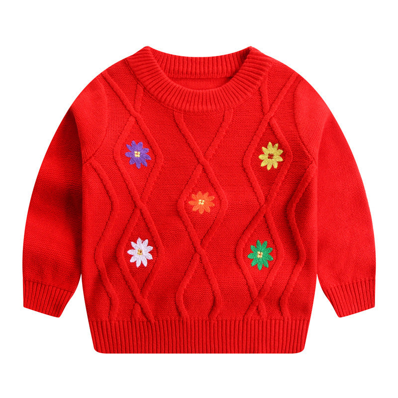 New Girls' Embroidered Flower Sweater Round Neck Children's Sweater 7-needle Single-layer Knitted Jacket