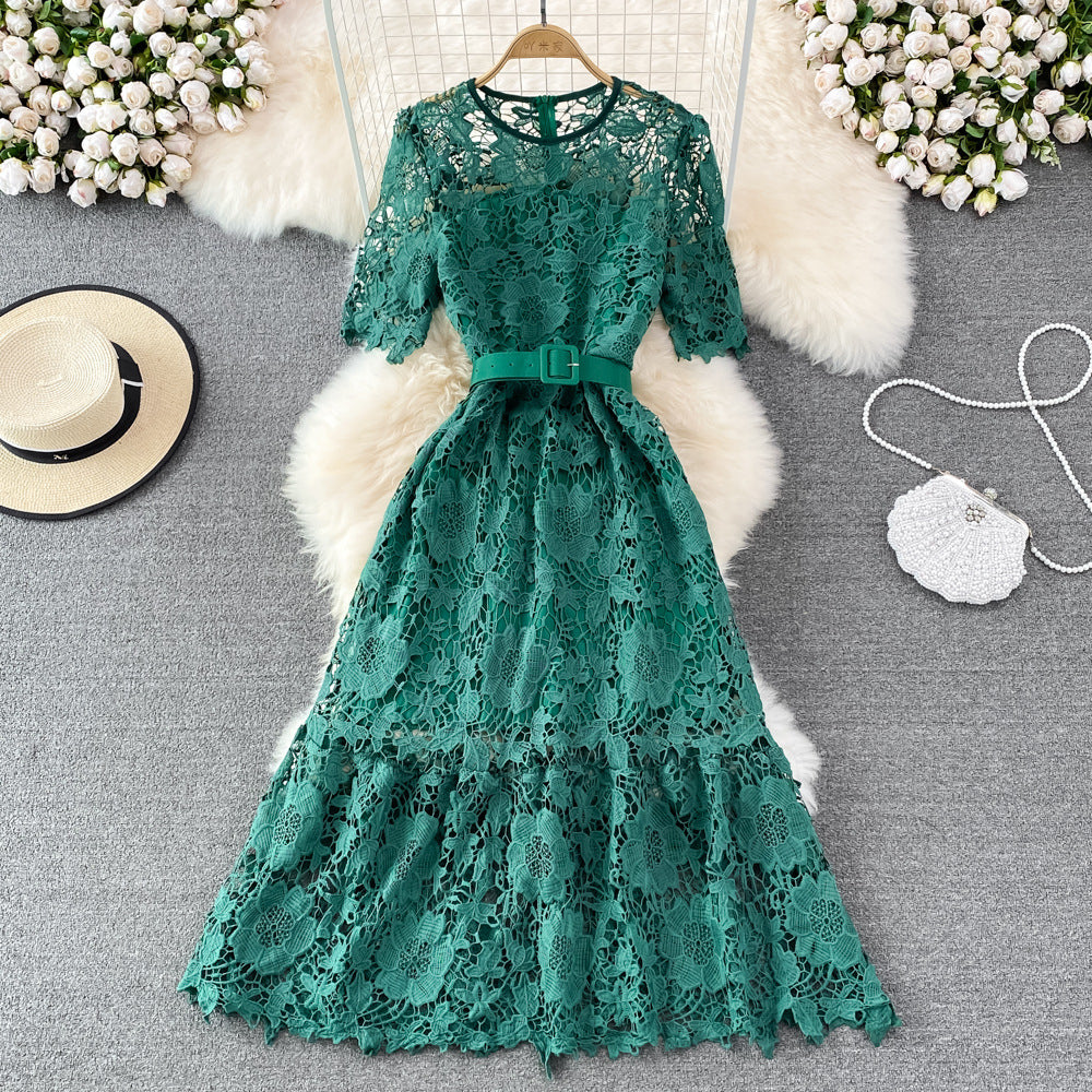 Summer Ladies Round Neck Crocheted Hollow Lace Dress
