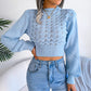 Women Street Style Solid Color Hollow Stripe Lantern Sleeve Cropped Sweater