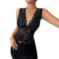 Slim Fit Flocking Mesh Black Contrast Color Lace V-neck Vest Top