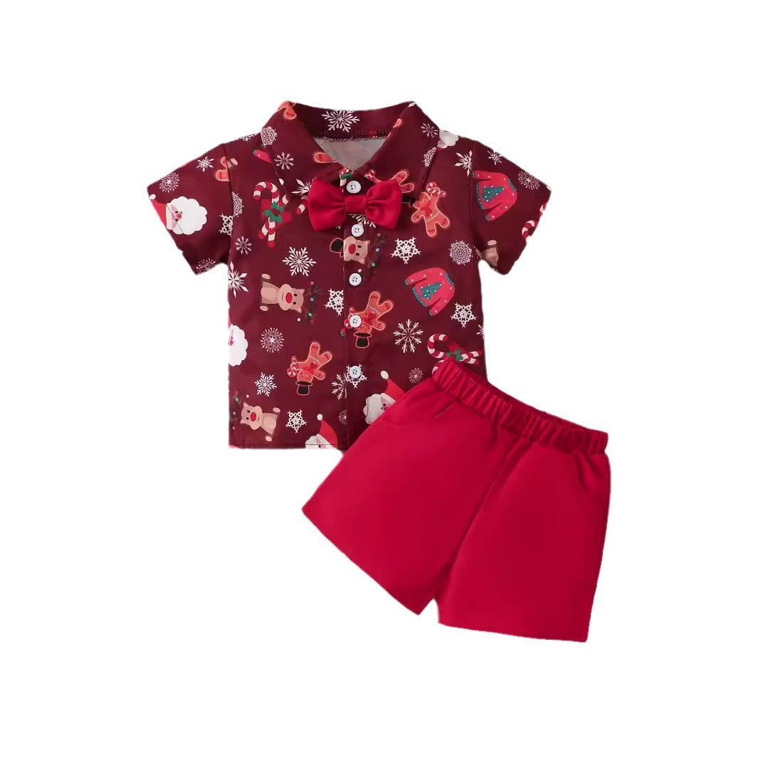 Ensemble deux pièces pour garçon, petit et moyen, avec chemise à manches courtes et short imprimés de Noël
