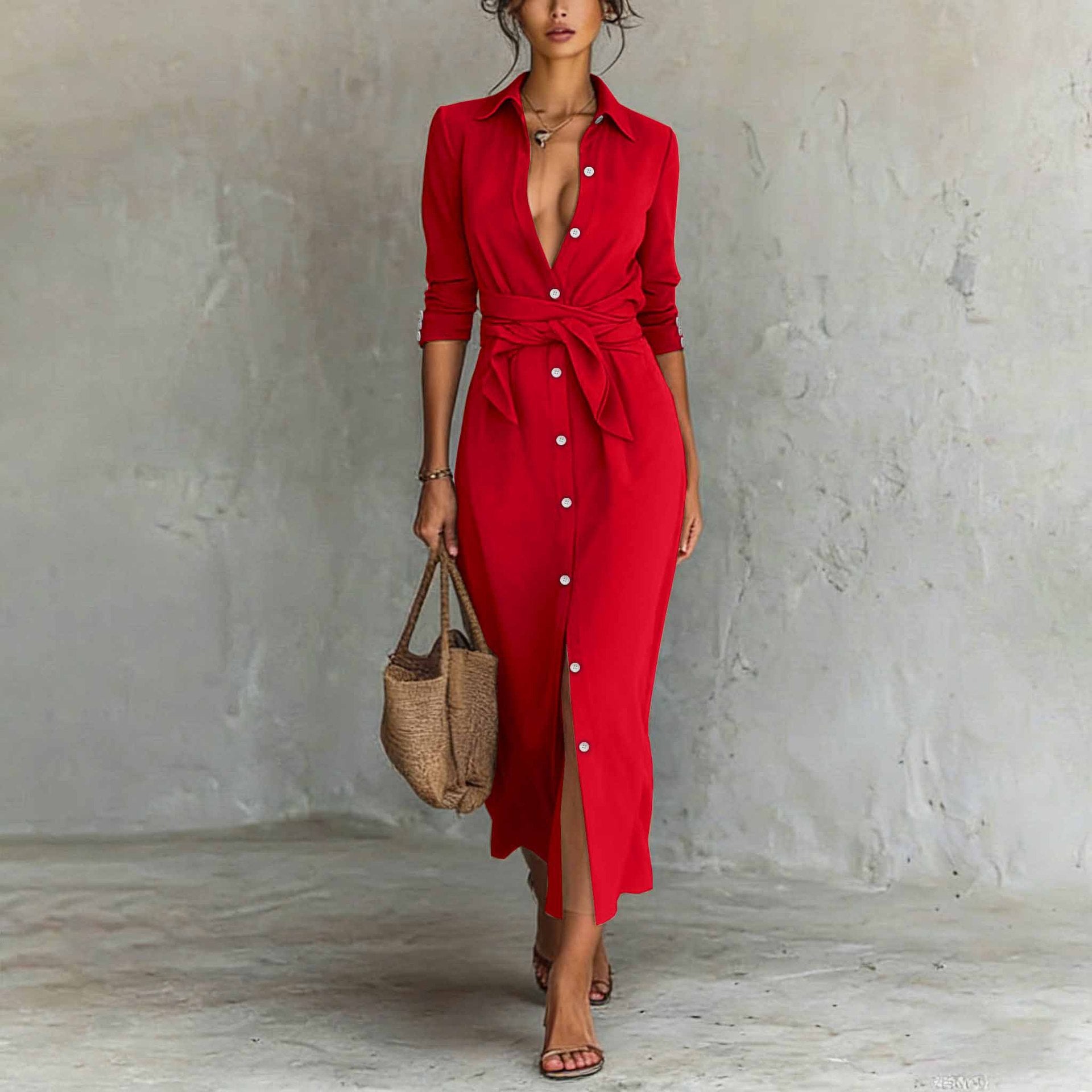 Elegant Casual Lace-Up Button-Down Shirt Dress New Arrival