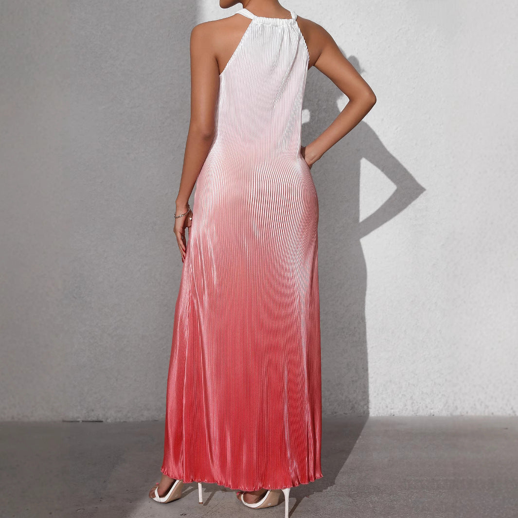 Womens Gradient-Color Fashionable Sexy Backless Halter Dress