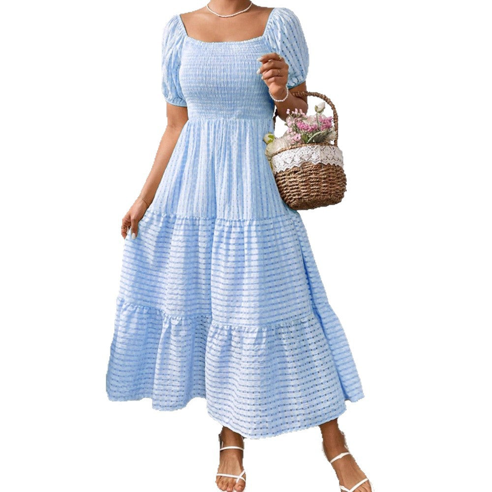 New Fashion Solid Color Shirred Backless Cake Temperament Dress