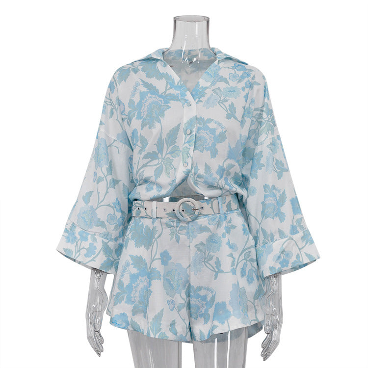 Women's Casual Wear Loose Long Shirt High Waist Shorts With Belt Two-piece Set