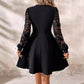 Robe élégante noire à col rond et manches longues en dentelle pour femme, ourlet évasé et fin