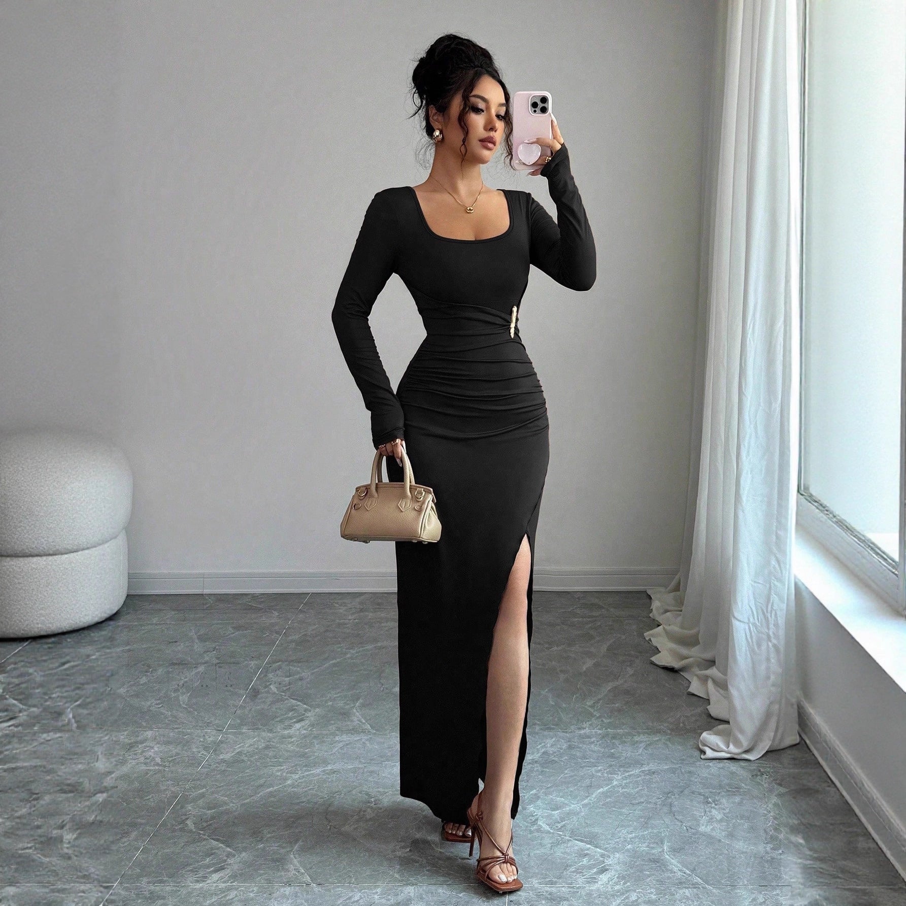 Women's Solid-Color Slimming Knitted Long-Sleeve Split Dress