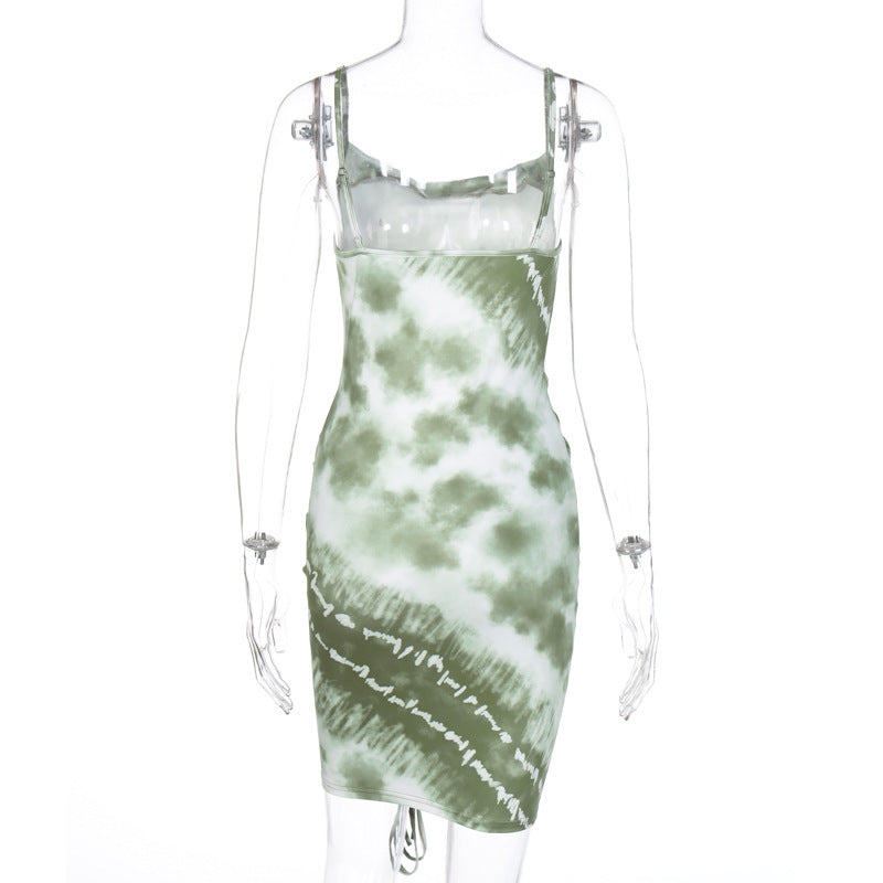 Fashion Print Drawstring Suspender Dress